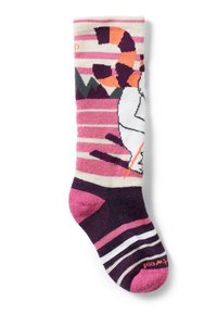 Knästrumpa med flerfärgade ränder i rosa, vitt och lila; har en grafisk design av ett vitt djur med orange accenter.
