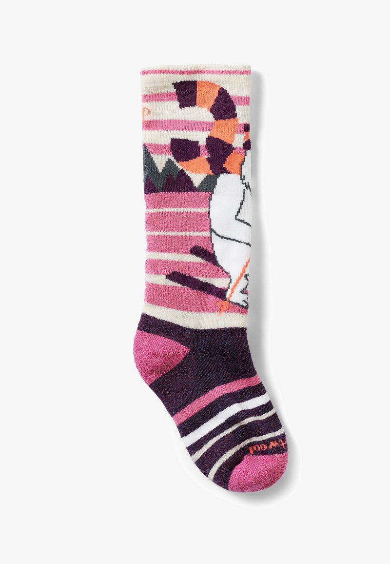 Calcetín hasta la rodilla con rayas multicolores en rosa, blanco y púrpura; presenta un diseño gráfico de un animal blanco con acentos naranjas.