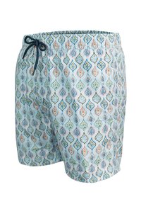 Bañador de tela azul claro con un intrincado patrón de hojas y flores en colores pastel, con cinturilla elástica y cordón ajustable.