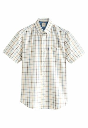 Short-sleeve button-up shirt in light beige with a plaid pattern in blue, brown, and cream. Includes a chest pocket and a spread collar.