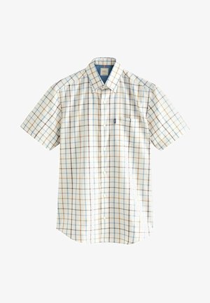 Lühikeste varukatega nööbitav särk heledas beežis, kus on sinise, pruunis ja kreemika ruuduline muster. Kaasas on rinna tasku ja avatud krae.