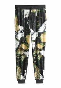 Pantalon de survêtement avec un motif de feuilles noir, vert et blanc ; taille élastique avec cordon de serrage ; poignets resserrés ; matériau léger.