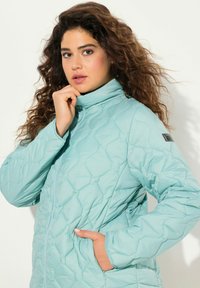 Giacca trapuntata blu chiaro con colletto alto, dotata di chiusura con zip e tasche laterali. Il tessuto ha una texture liscia e un motivo esagonale.