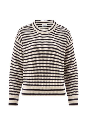 Beiger und marineblauer gestreifter Rippstrickpullover mit langen Ärmeln und Rundhalsausschnitt, ausgestattet mit einem taillierten Bündchen und Ärmelbündchen.