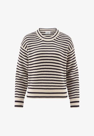 Beiger und marineblauer gestreifter Rippstrickpullover mit langen Ärmeln und Rundhalsausschnitt, ausgestattet mit einem taillierten Bündchen und Ärmelbündchen.