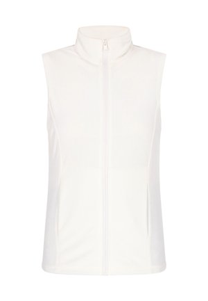 Ärmelloses weißes Top mit hohem Kragen und Frontreißverschluss. Weicher Stoff, taillierter Schnitt, keine Taschen, glatte Textur, klares Design.