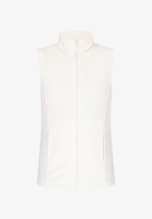 Bílá bezrukávová vesta s vysokým límcem a předním zipem. Měkká tkanina, přiléhavý střih, bez kapes, hladká textura, čistý design.