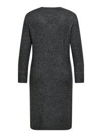 Mörkgrå stickad klänning med långa ärmar och små dekorativa nitar längs halsringning och ärmslut, rak passform, knälång.