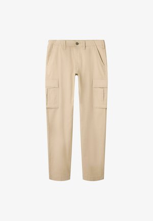 Bež cargo hlače s ravnim krojem, več stranskimi žepi, zanko za pas in gumbom za zapiranje v pasu. Narejene so iz trpežnega materiala.
