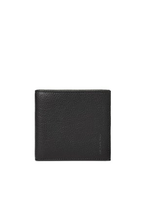 Portefeuille en cuir noir, présentant une texture granuleuse, une forme rectangulaire, des bords cousus et un marquage discret sur un côté.