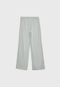 Gestreepte wijde broek met elastische tailleband, voorzien van dunne verticale strepen in tinten grijs en wit, gemaakt van lichte stof.