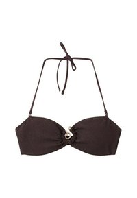 Haut de bikini bandeau texturé marron foncé avec un lien à nouer autour du cou et un détail de fermoir circulaire doré au centre devant.