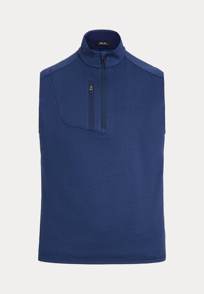 Veste sans manches en polaire bleu marine avec col montant et une poche poitrine verticale zippée sur le côté gauche.