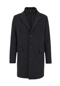 Cappotto in misto lana grigio scuro con design sartoriale, colletto a revers, tre bottoni, due tasche frontali e un interno staccabile nero.