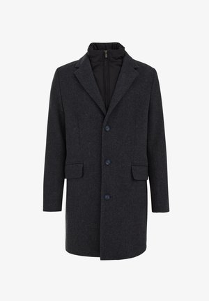Czarnoszary płaszcz wełniany o dopasowanym kroju, z kołnierzem, trzema guzikami, dwiema przednimi kieszeniami i odpinaną czarną podszewką.