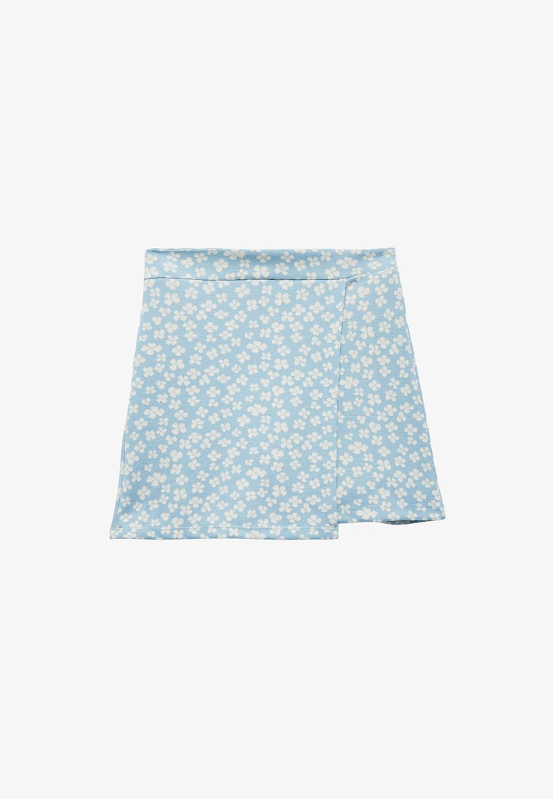 Mini gonna azzurro chiaro con motivo floreale bianco, caratterizzata da un design avvolgente e una texture liscia. Nessun fermo o decorazione visibili.