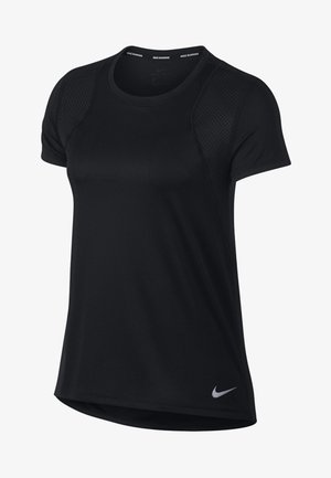 Camiseta de running Nike negra de manga corta con paneles de malla en los hombros y un pequeño logo blanco de Nike en el dobladillo inferior izquierdo.