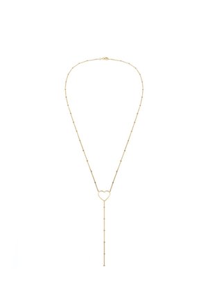 Collier délicat en chaîne dorée avec de petites perles, doté d’un pendentif cœur ouvert et d’une chaîne verticale qui descend du cœur.