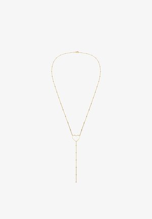 Collier délicat en chaîne dorée avec de petites perles, doté d’un pendentif cœur ouvert et d’une chaîne verticale qui descend du cœur.