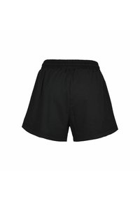 Pantalones cortos negros con una cintura elástica, hechos de un tejido ligero, con un diseño sencillo y un dobladillo con detalles de costura mínimos.