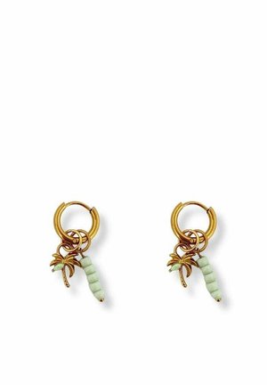 Gold hoop earrings each with a small gold palm tree charm and a pale green beaded dangling charm.