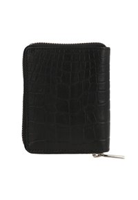 Portafoglio in pelle nera con texture in alligatore e zip argentata, forma quadrata, design compatto.