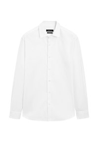 Camicia bianca a maniche lunghe realizzata in tessuto liscio. Presenta un colletto classico e chiusura con bottoni sul davanti, con polsini alle maniche.