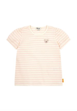 Babyshirt mit kurzen Ärmeln, cremefarbenen und zartrosa horizontalen Streifen, rundem Halsausschnitt und kleinem, auf der Brust aufgesticktem Bärengesicht.