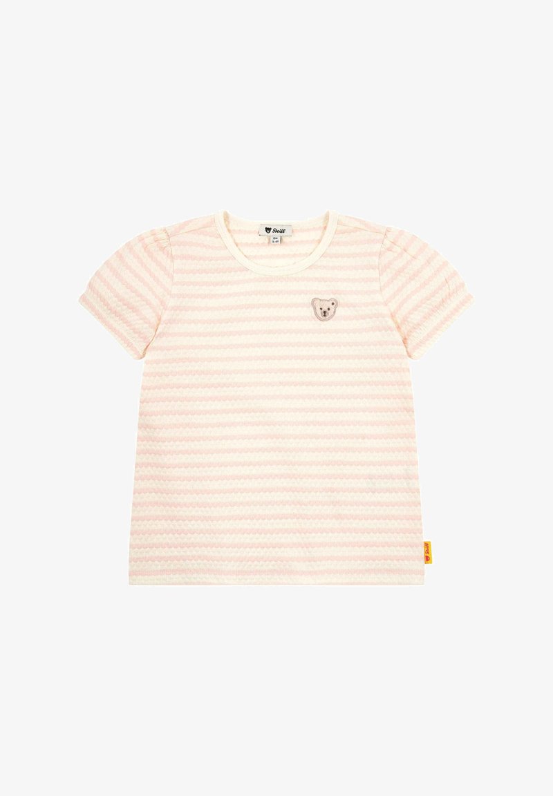 Chemise bébé à manches courtes avec rayures horizontales crème et rose pâle, col rond et petit visage d'ours brodé sur la poitrine.