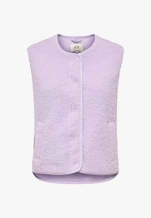 Lila mouwloos vest gemaakt van gestructureerd fleece, met een ronde hals, knoopsluiting en twee zakken aan de voorkant voor praktisch gebruik.