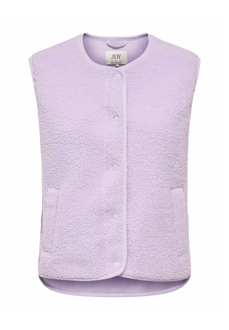 Lilak krāsas bez piedurknēm veste no faktūras vilnas, ar apaļu kaklu, pogu aizdari un divām priekšējām kabatām praktiskai lietošanai.