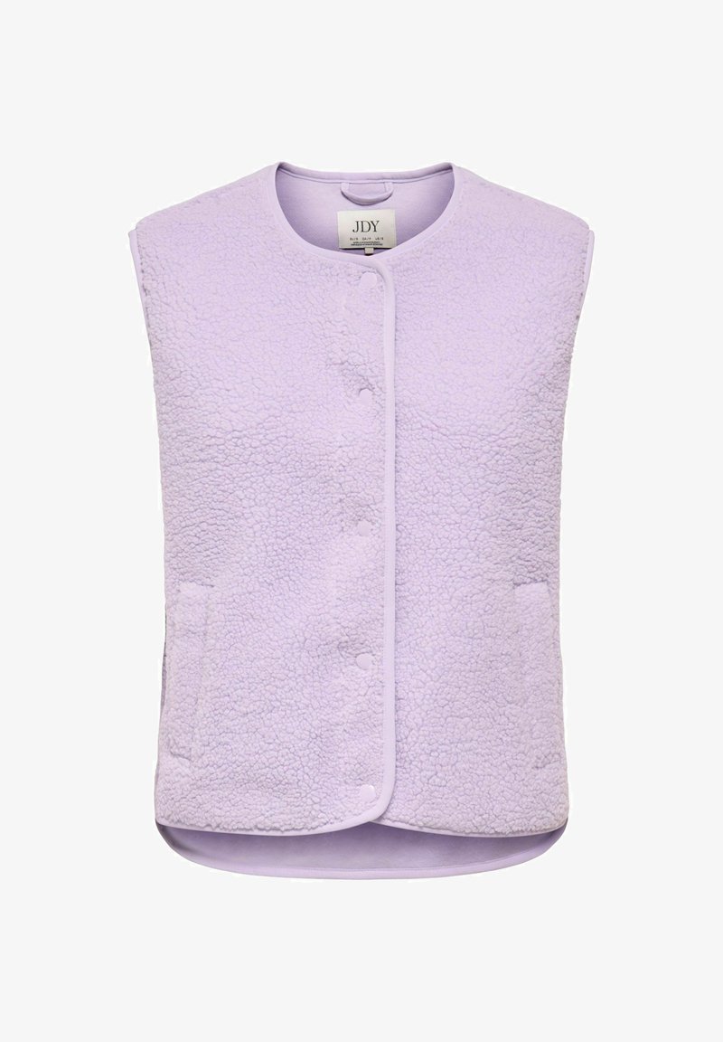 Lilak krāsas bez piedurknēm veste no faktūras vilnas, ar apaļu kaklu, pogu aizdari un divām priekšējām kabatām praktiskai lietošanai.