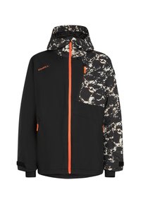 Zwarte jas met een abstract patroon op de capuchon en de mouwen, met oranje ritsdetails en een ritszak op de borst.