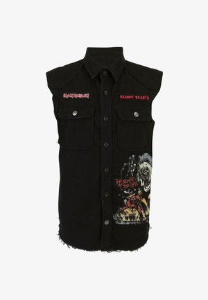 Schwarze ärmellose Jeansweste mit zwei Brusttaschen, Knopfverschluss und Grafikdruck mit dem Design und den Logos von "The Number of the Beast".