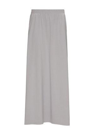 Hellgrauer, langer Rock mit elastischem Bund aus weichem Material. Verfügt über Seitentaschen und eine glatte Textur mit einem schlichten Design.