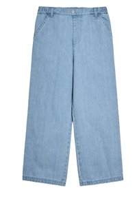 Svetlomodré široké denimmové nohavice s vysokým pásom, dvoma prednými vreckami a predným uzatváraním na kovový gombík. Hladká textura, minimálne detaily.