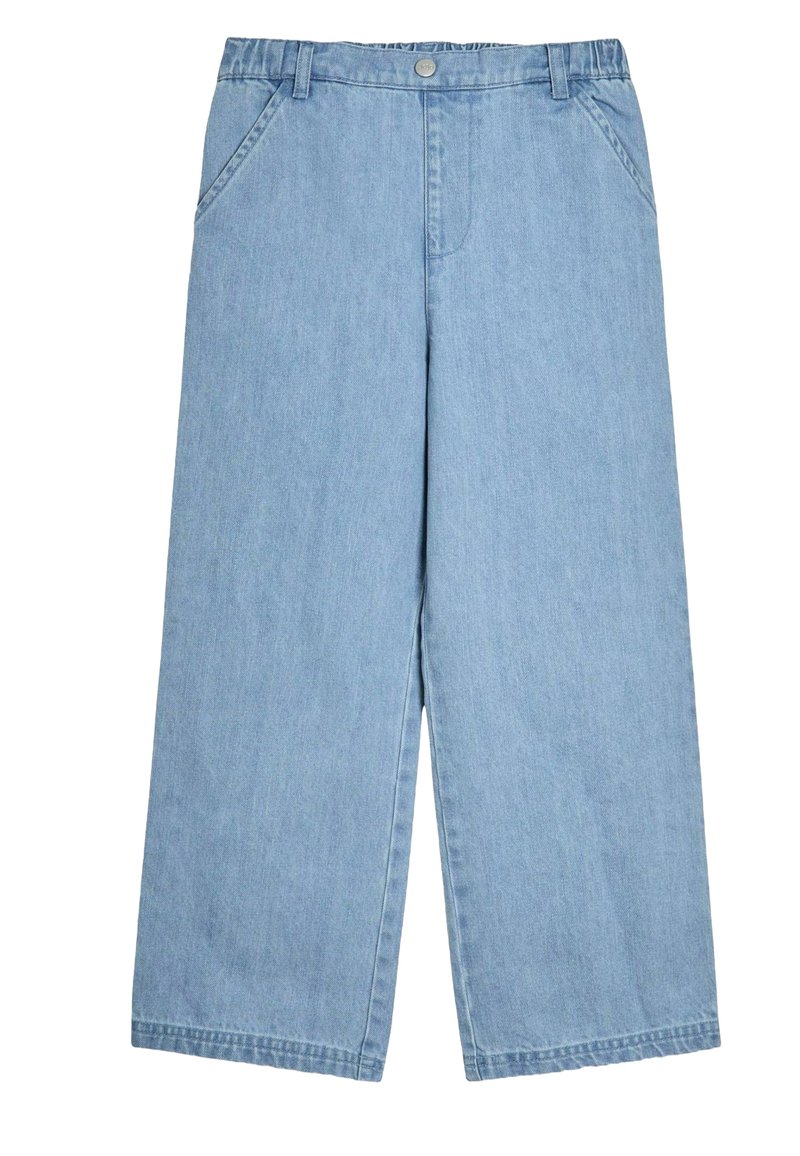 Svetlomodré široké denimmové nohavice s vysokým pásom, dvoma prednými vreckami a predným uzatváraním na kovový gombík. Hladká textura, minimálne detaily.