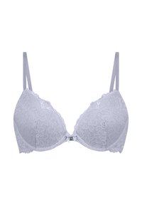 Lichtgrijze kant-bh met beugel, gevoerde cups, verstelbare bandjes en een klein decoratief strikje in het midden. Bloemmotief over het gehele ontwerp.