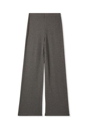 Pantaloni larghi a coste grigi con vita alta. Presentano un tessuto testurizzato e un design pulito e semplice. Nessun tipo di chiusura o motivo visibile.