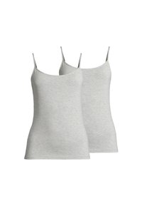 Gray cotton tank tops with thin straps, featuring a smooth texture and a classic fit. Two pieces included in the set.
