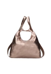 Borsa in bronzo metallico con superficie liscia, forma arrotondata e doppi manici; presenta un'ampia apertura nella parte superiore per un facile accesso.