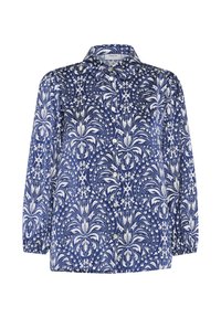 Blusa blu e bianca con motivo a fiori e astratto, colletto, apertura con bottoni e maniche lunghe.