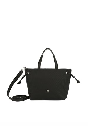 Schwarze Handtasche aus strukturiertem Stoff, mit zwei oberen Griffen, verstellbarem Schultergurt und silberner Hardware. Ausgestattet mit einem Zugverschluss und Logodetail.