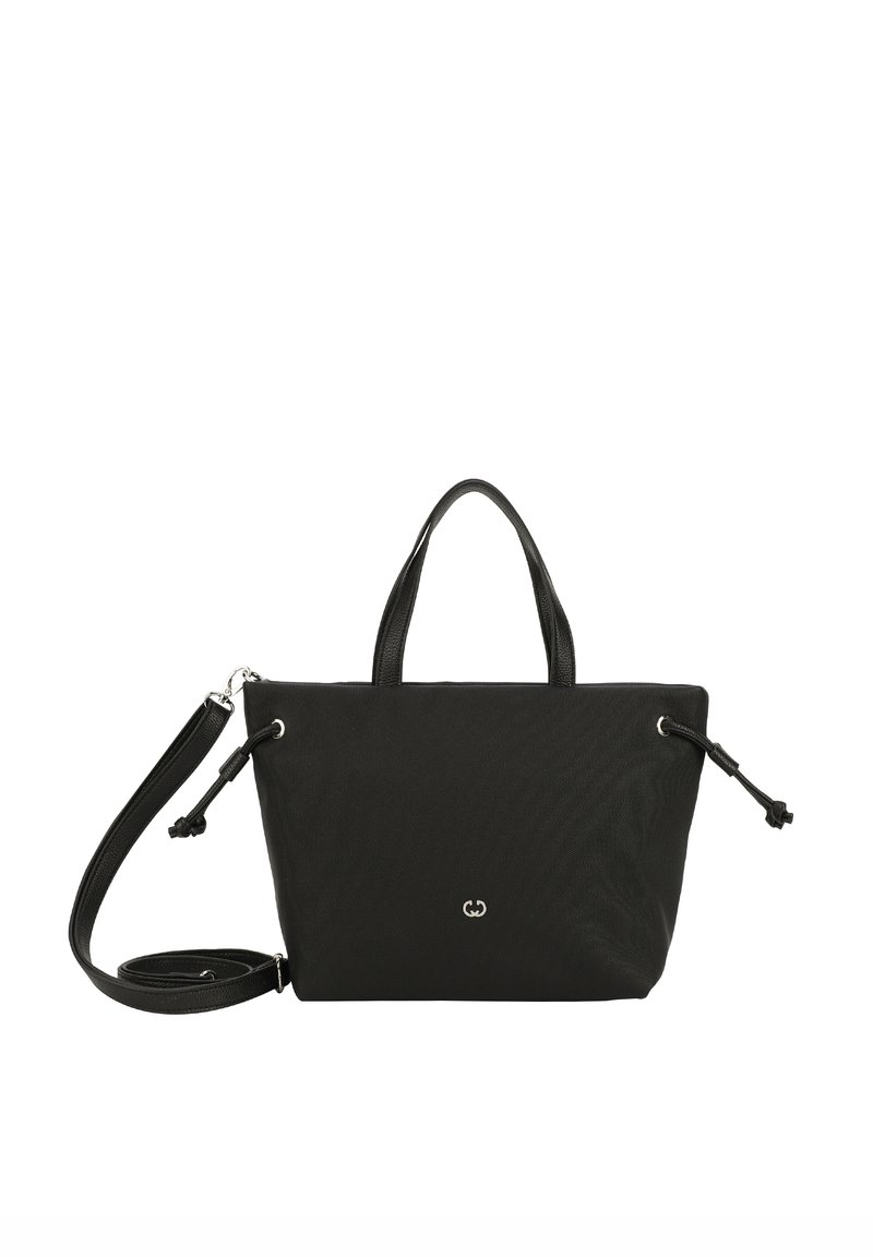Schwarze Handtasche aus strukturiertem Stoff, mit zwei oberen Griffen, verstellbarem Schultergurt und silberner Hardware. Ausgestattet mit einem Zugverschluss und Logodetail.