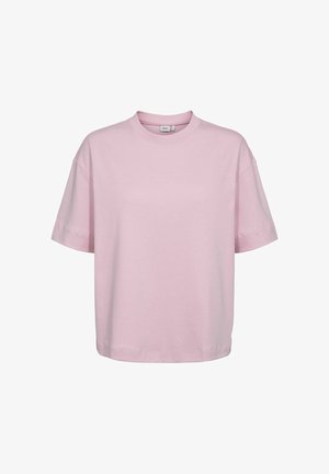 Roza bombažna majica s kvadratnim izrezom, kratkimi rokavi in sproščenim krojem. Ima enobarvno zasnovo in gladko, mehko teksturo.