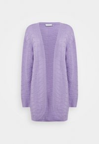 Lavendel gestrickte Strickjacke mit offenem Vorderteil, langen Ärmeln und strukturiertem Zickzackmuster, das vertikal verläuft. Weiches, leichtes Material.