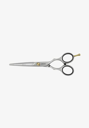 Jaguar ergonomic scissors with stainless steel construction, sleek silver finish, pointed tips, black rubber finger grips, and a gold accent.
