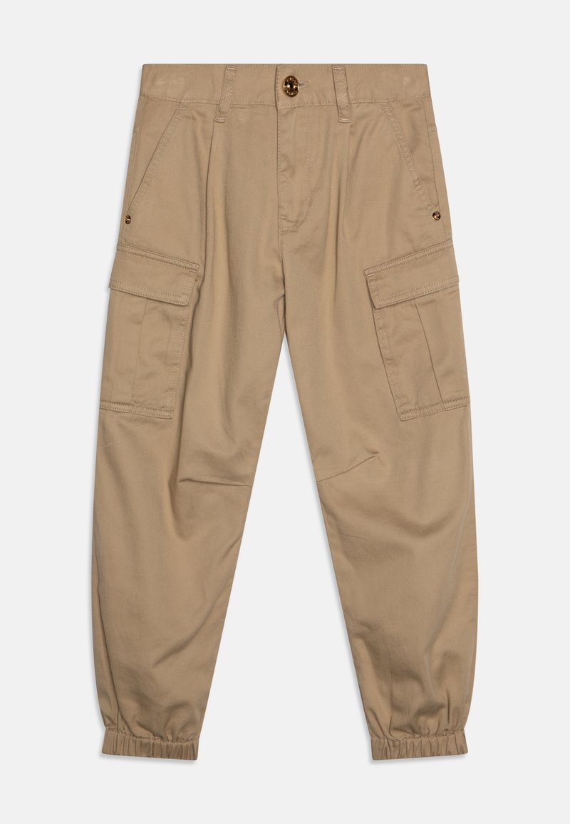 Beige cargo kalhoty vyrobené z bavlněné směsi. Obsahují elastické manžety, boční kapsy a přední zapínání na knoflík. Hladká textura.