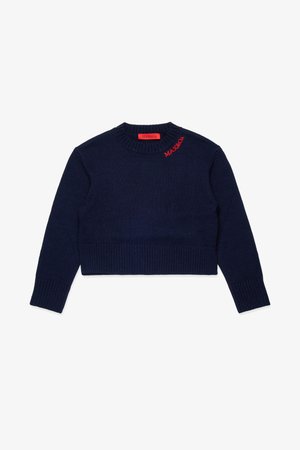 Navy cropped sweater made of ribbed material, featuring a round neckline and long sleeves. Red logo accent on the left shoulder.
