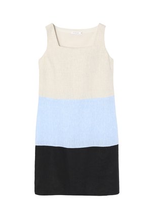 Linen kleita ar kvadrātveida dekoltē un krāsu bloku dizainu: beiga augšdaļa, gaiši zila vidusdaļa un melna apakšdaļa.